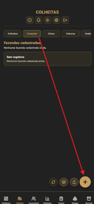 Aba Fazendas com o botão de adicionar