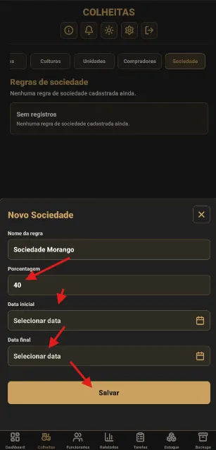Formulário de nova sociedade com porcentagem