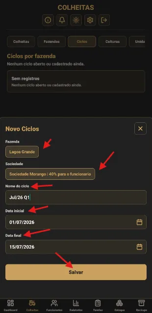 Formulário de novo ciclo com fazenda, sociedade e datas