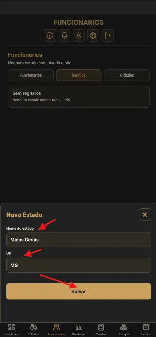 Formulário de novo estado com UF