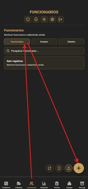 Aba Funcionários com o botão de adicionar