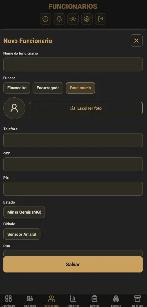 Formulário de cadastro do funcionário