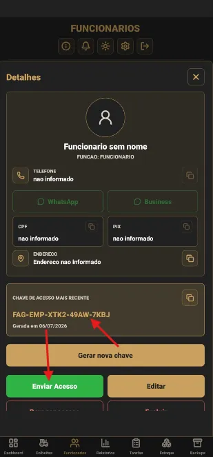 Chave de acesso do funcionário gerada