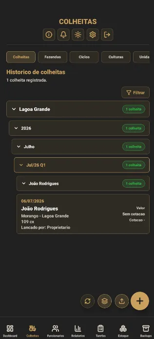Lista de colheitas agrupada por fazenda, ano, mês, ciclo e funcionário