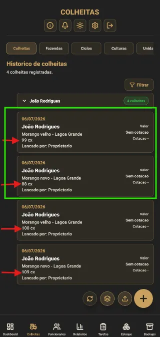 Quatro colheitas do mesmo dia, por comprador e cultura