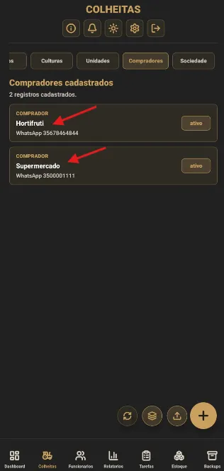 Compradores Hortifruti e Supermercado criados para o exemplo