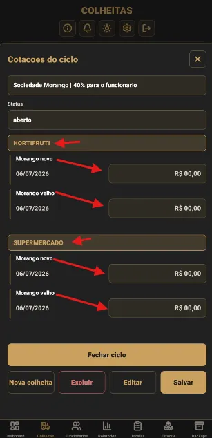 Modal do ciclo com cotações separadas por comprador e cultura