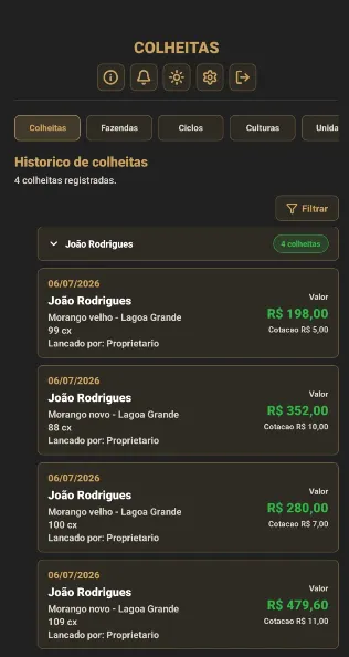 Colheitas com os valores calculados automaticamente