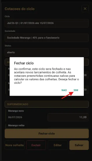 Confirmação de fechamento do ciclo