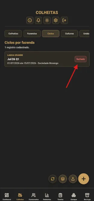 Ciclo marcado como fechado na lista