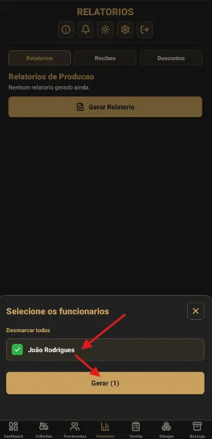 Escolha dos funcionários e botão Gerar