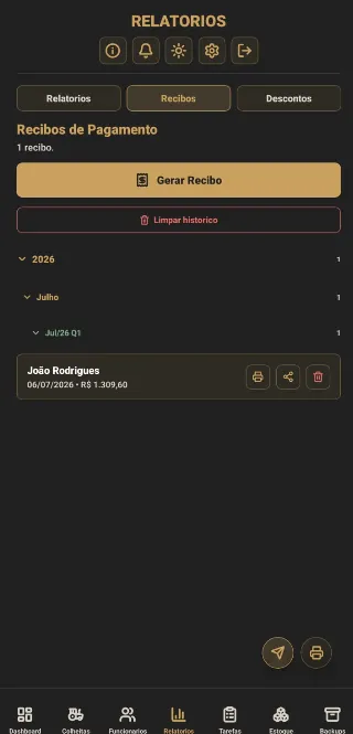 Lista de recibos com opções