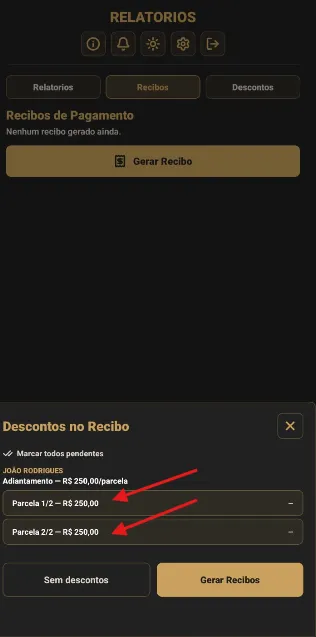Escolha de quais parcelas cobrar no recibo