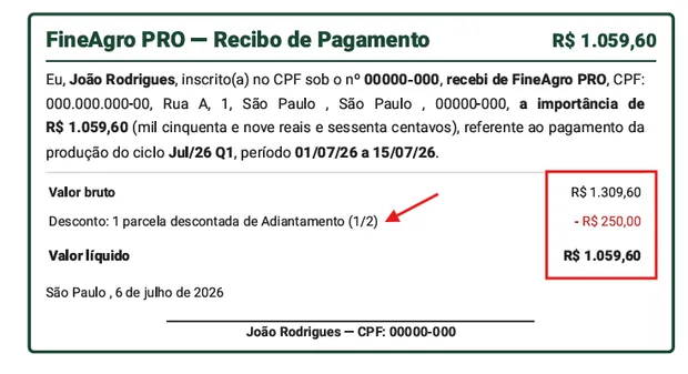 Recibo com o desconto deduzido e as parcelas restantes